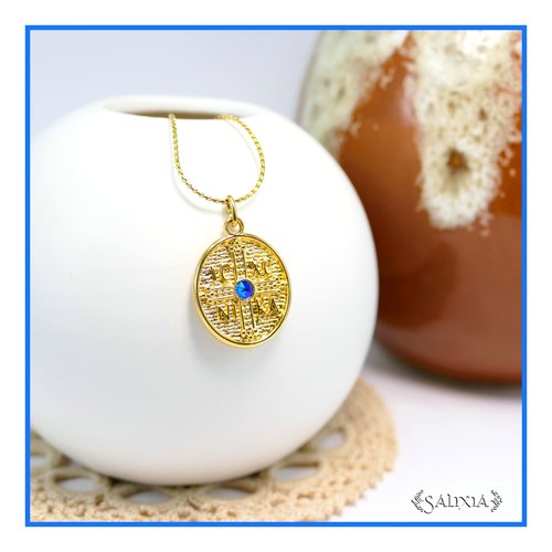 Collier pendentif croix grecque byzantine cristal bleu chaine acier inoxydable doré or fin 18 carats  (#c353)