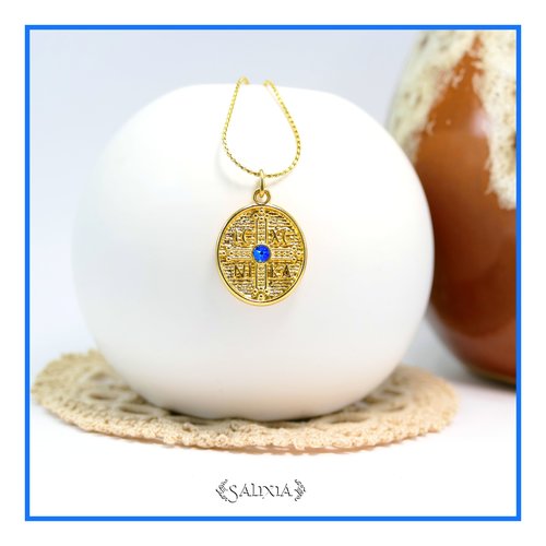 Collier pendentif croix grecque byzantine cristal bleu chaine acier inoxydable doré or fin 18 carats  (#c353)