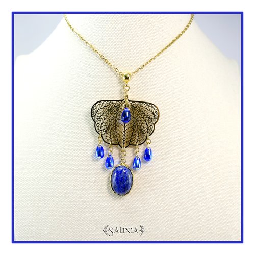 Collier pendentif papillon cabochon lapis lazuli gouttes de bohème saphir chaine acier inoxydable doré (#c355)