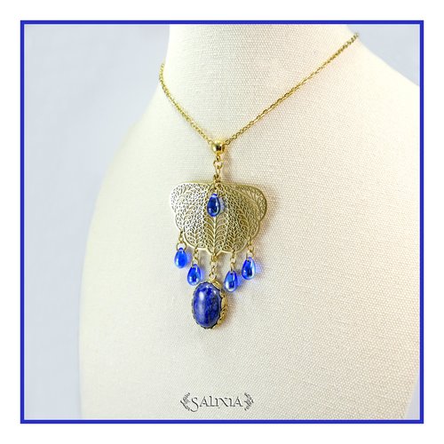 Collier pendentif papillon cabochon lapis lazuli gouttes de bohème saphir chaine acier inoxydable doré (#c355)