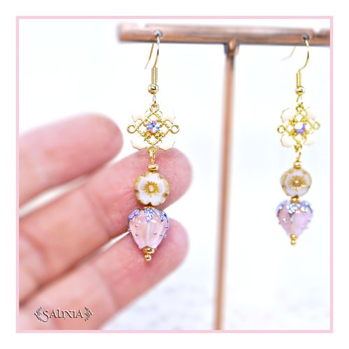 Pièce rare - boucles d'oreilles bouton de fleur artisanal verre lampwork cristal laiton plaqué or (#bo907)