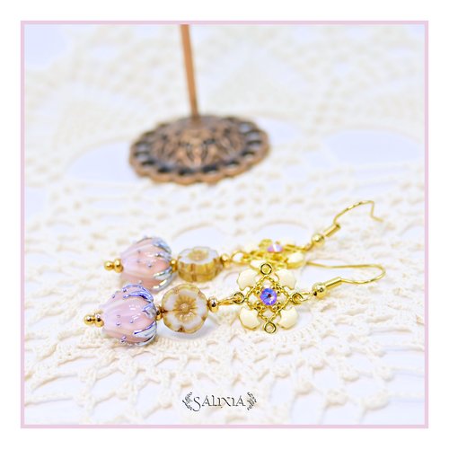 Pièce rare - boucles d'oreilles bouton de fleur artisanal verre lampwork cristal laiton plaqué or (#bo907)