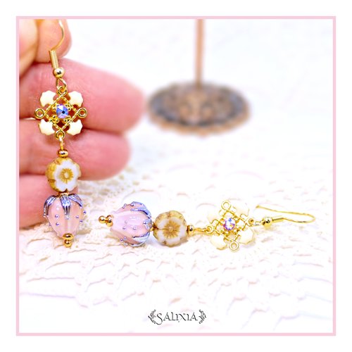 Pièce rare - boucles d'oreilles bouton de fleur artisanal verre lampwork cristal laiton plaqué or (#bo907)
