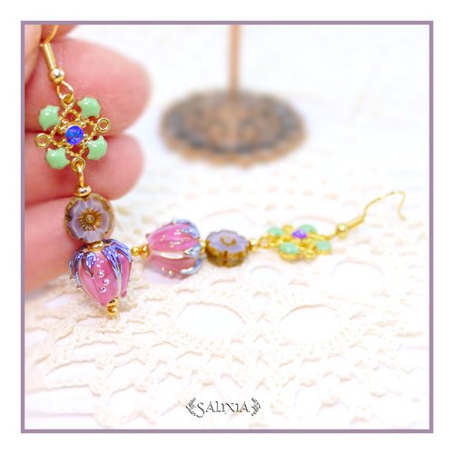 Pièce rare - boucles d'oreilles bouton de fleur artisanal verre lampwork cristal laiton plaqué or (#bo908)