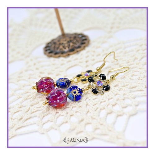 Pièce rare - boucles d'oreilles bouton de fleur artisanal verre lampwork cristal laiton plaqué or (#bo909)