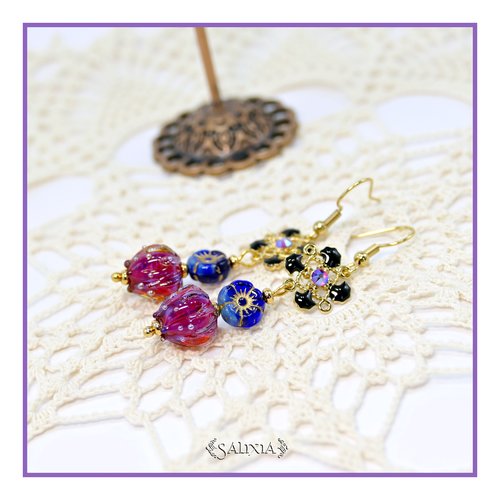 Pièce rare - boucles d'oreilles bouton de fleur artisanal verre lampwork cristal laiton plaqué or (#bo909)