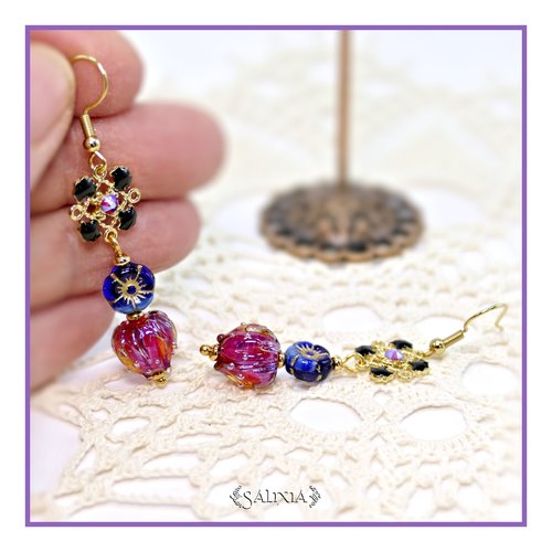 Pièce rare - boucles d'oreilles bouton de fleur artisanal verre lampwork cristal laiton plaqué or (#bo909)