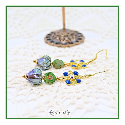 Pièce rare - boucles d'oreilles bouton de fleur artisanal verre lampwork cristal laiton plaqué or (#bo910)