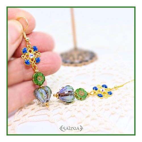 Pièce rare - boucles d'oreilles bouton de fleur artisanal verre lampwork cristal laiton plaqué or (#bo910)