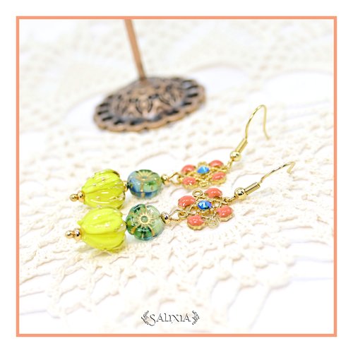 Pièce rare - boucles d'oreilles bouton de fleur artisanal verre lampwork cristal laiton plaqué or (#bo911)