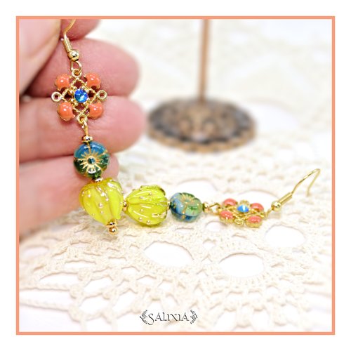 Pièce rare - boucles d'oreilles bouton de fleur artisanal verre lampwork cristal laiton plaqué or (#bo911)