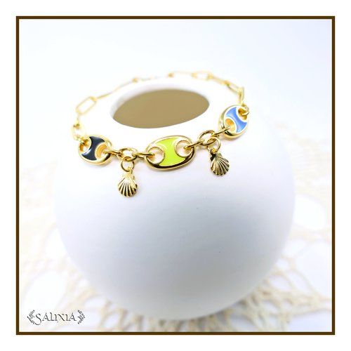 Bracelet connecteurs doré or fin 24 carats chaine rectangle striée breloques coquillages mousqueton tous acier inoxydable doré (bc420)
