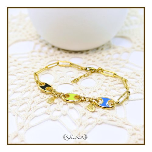 Bracelet connecteurs doré or fin 24 carats chaine rectangle striée breloques coquillages mousqueton tous acier inoxydable doré (bc420)