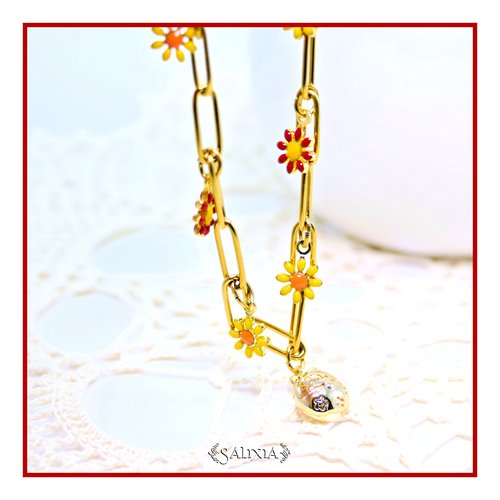 Bracelet chat maneki-neko doré or fin 18 carats breloques fleurs chaine rectangle mousqueton acier inoxydable doré (bc421)