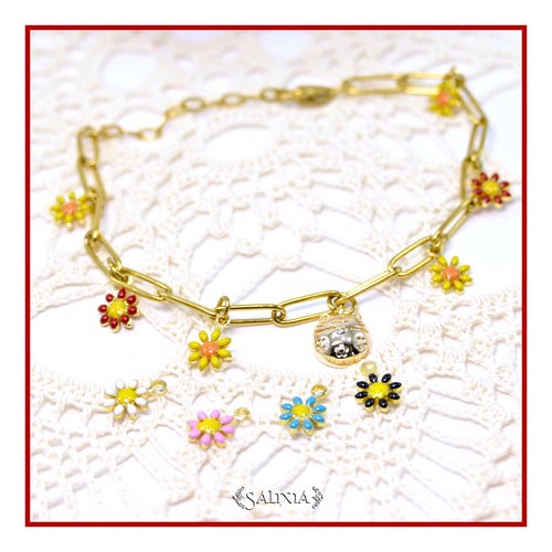 Bracelet chat maneki-neko doré or fin 18 carats breloques fleurs chaine rectangle mousqueton acier inoxydable doré (bc421)