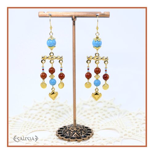 Boucles d'oreilles inspiration étrusque jade turquoise corail doré or fin 24 carats crochets acier inoxydable doré (#bo912)