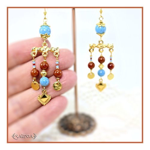 Boucles d'oreilles inspiration étrusque jade turquoise corail doré or fin 24 carats crochets acier inoxydable doré (#bo912)