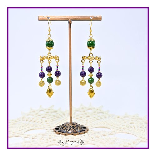 Boucles d'oreilles jade violet et vert doré or fin 24 carats crochets acier inoxydable doré (#bo913)