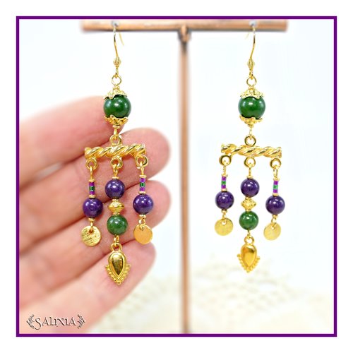 Boucles d'oreilles inspiration étrusque jade violet et vert doré or fin 24 carats crochets acier inoxydable doré (#bo913)