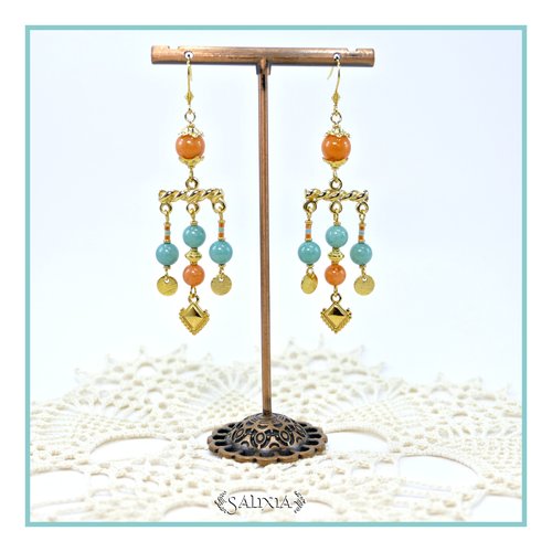 Boucles d'oreilles inspiration étrusque jade saumon et vert opaline doré or fin 24 carats crochets acier inoxydable doré (#bo914)
