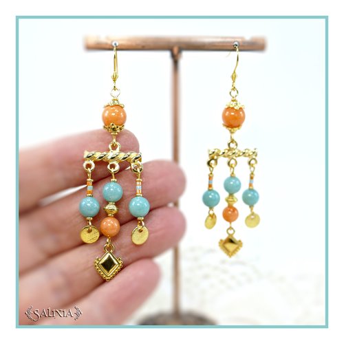 Boucles d'oreilles inspiration étrusque jade saumon et vert opaline doré or fin 24 carats crochets acier inoxydable doré (#bo914)