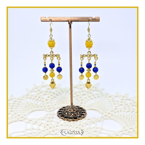 Boucles d'oreilles jade bleu lapis lazuli et jaune doré or fin 24 carats crochets acier inoxydable doré (#bo915)