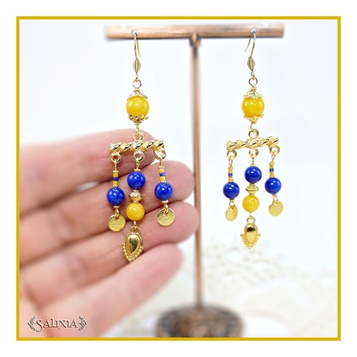 Boucles d'oreilles inspiration étrusque jade bleu lapis lazuli et jaune doré or fin 24 carats crochets acier inoxydable doré (#bo915)