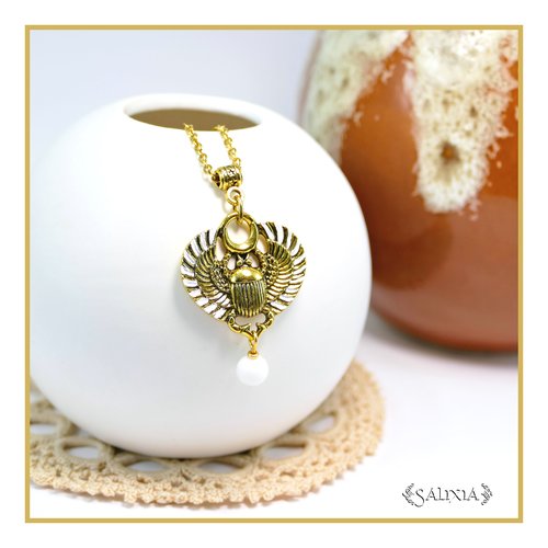 Collier scarabée sacré égyptien jade blanc chaine et mousqueton acier inoxydable doré à l'or fin 24 carats (#c343.a)