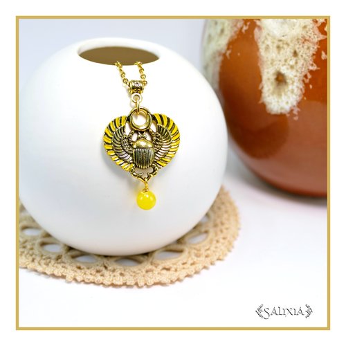 Collier scarabée sacré égyptien jade jaune chaine et mousqueton acier inoxydable doré à l'or fin 24 carats (#c344)