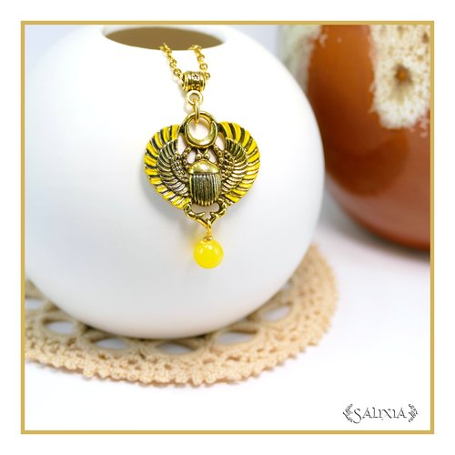 Collier scarabée sacré égyptien jade jaune chaine et mousqueton acier inoxydable doré à l'or fin 24 carats (#c344)