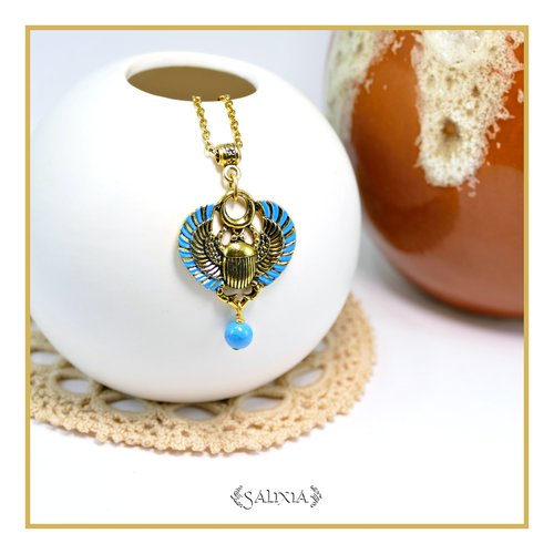 Collier scarabée sacré égyptien jade turquoise chaine et mousqueton acier inoxydable doré à l'or fin 24 carats (#c345)