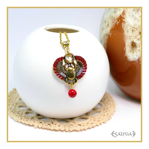 Collier scarabée sacré égyptien jade rouge chaine et mousqueton acier inoxydable doré à l'or fin 24 carats (#c346)