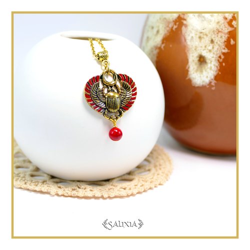 Collier scarabée sacré égyptien jade rouge chaine et mousqueton acier inoxydable doré à l'or fin 24 carats (#c346)