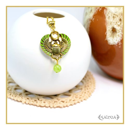 Collier scarabée sacré égyptien pierre fine de péridot chaine et mousqueton acier inoxydable doré à l'or fin 24 carats(#c347.a)