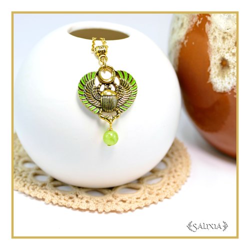 Collier scarabée sacré égyptien pierre fine de péridot chaine et mousqueton acier inoxydable doré à l'or fin 24 carats(#c347.a)