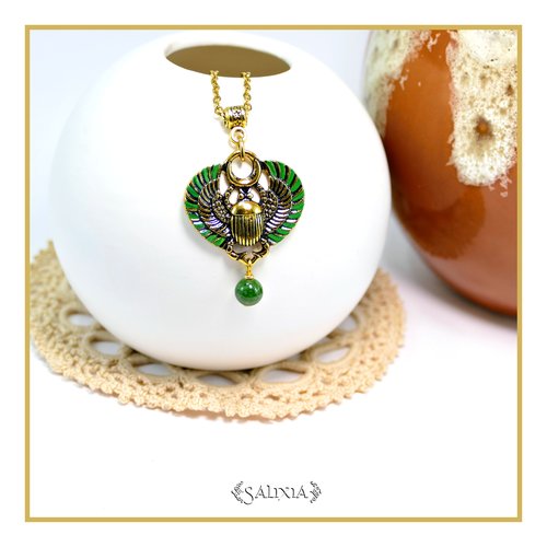 Vendu - collier scarabée sacré égyptien jade vert chaine et mousqueton acier inoxydable doré or fin 24 carats (#c348.a)