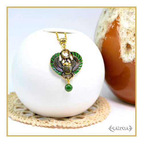 Collier scarabée sacré égyptien jade vert chaine et mousqueton acier inoxydable doré or fin 24 carats (#c348.a)