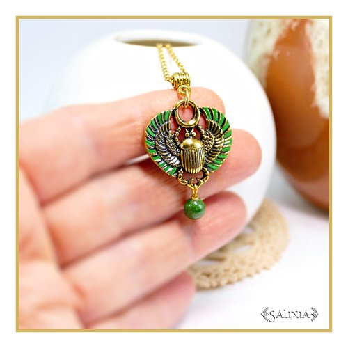 Vendu - collier scarabée sacré égyptien jade vert chaine et mousqueton acier inoxydable doré or fin 24 carats (#c348.a)