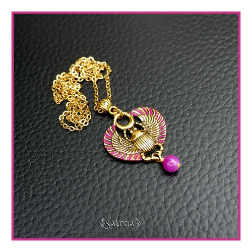 Collier scarabée sacré égyptien jade fuchsia chaine et mousqueton acier inoxydable doré or fin 24 carats (#c349)
