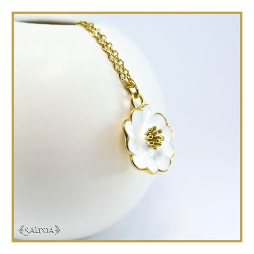 Collier pendentif fleur blanche doré or fin 18 carats chaine et mousqueton acier inoxydable doré (#c357)