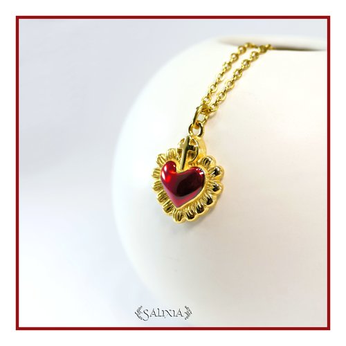 Collier pendentif coeur ex-voto doré or fin 18 carats chaine et mousqueton acier inoxydable doré or fin 24 carats (#c358)