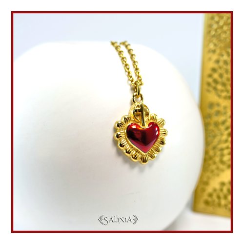 Collier pendentif coeur ex-voto doré or fin 18 carats chaine et mousqueton acier inoxydable doré (#c358)