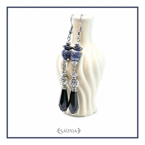 Boucles d'oreilles gouttes noires perles agate veine de dragon perles plaqué argent crochets acier inoxydable (#bo917)
