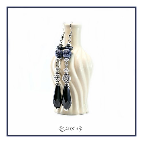 Boucles d'oreilles gouttes noires perles agate veine de dragon perles plaqué argent crochets acier inoxydable (#bo917)