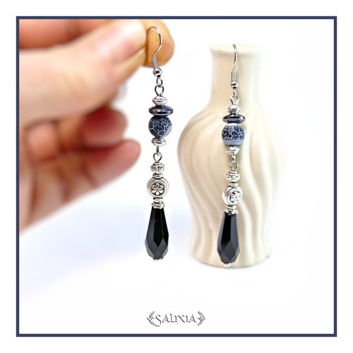 Boucles d'oreilles gouttes noires perles agate veine de dragon perles plaqué argent crochets acier inoxydable (#bo917)