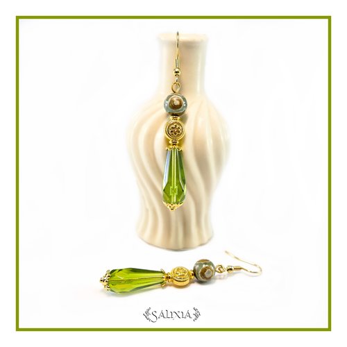 Boucles d'oreilles gouttes olivines ab perles agate dzi perles dorées or fin crochets acier inoxydable doré (#bo918)