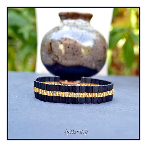 Bracelet tissé perles japonaises tila black mat et topaze doré mousqueton acier inoxydable doré (#bc422)