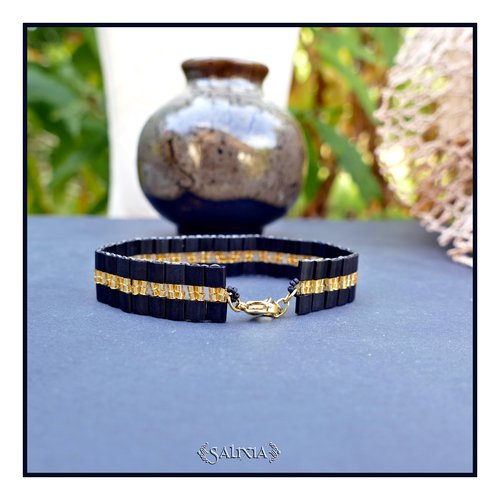 Bracelet tissé perles japonaises tila black mat et topaze doré mousqueton acier inoxydable doré (#bc422)