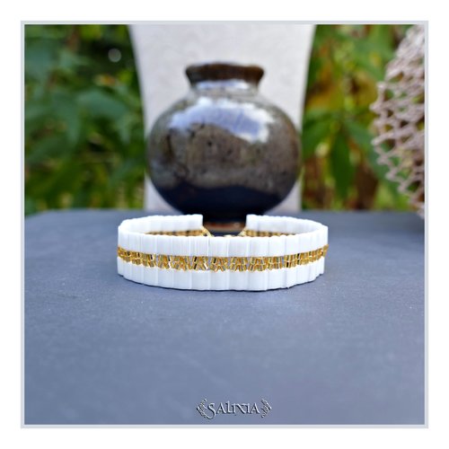 Bracelet tissé perles japonaises tila blanches brillantes nacrées et topaze doré mousqueton acier inoxydable doré (#bc423)