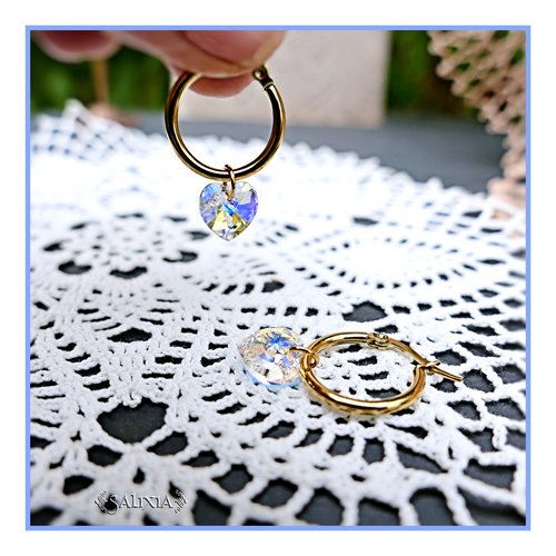 Boucles d'oreilles créoles coeurs cristal aurore boréale acier inoxydable doré (#bo919)